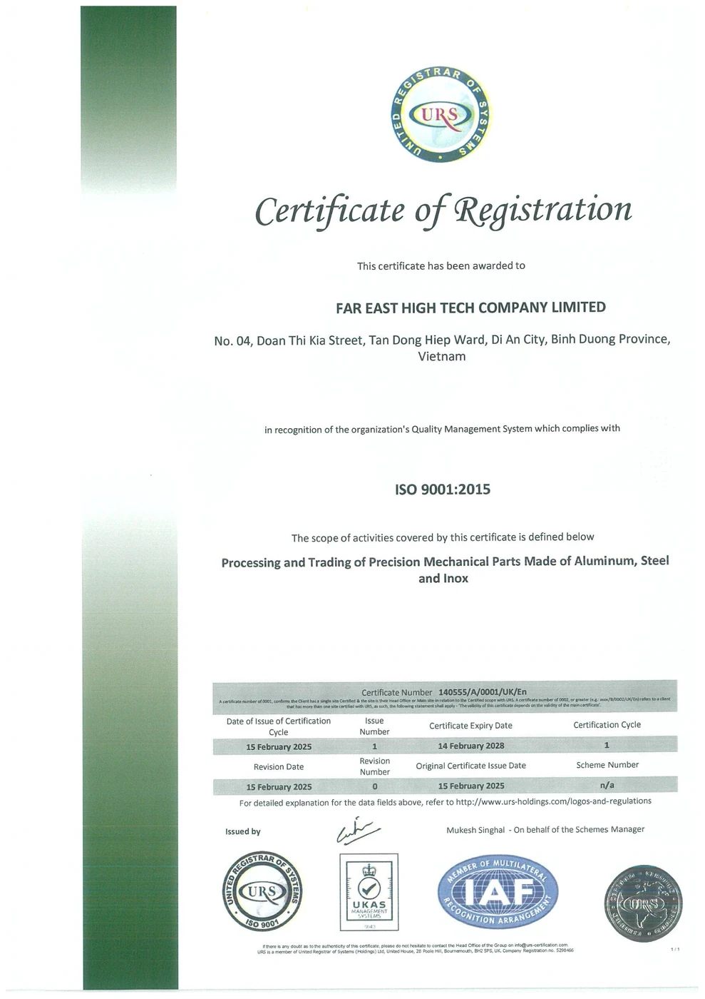ISO 9001:2015 certificate of registration issued to Far East High Tech Company Limited by URS