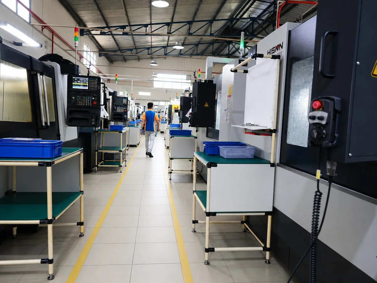 Rows of milling centers on the production floor at Far East High Tech, Vietnam